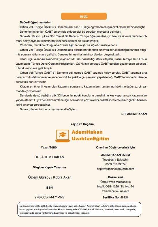 Adem Hakan Uzem 2025 Meb Ags ÖABT Orhan Veli Türkçe Öğretmenliği Dijital Çözümlü 5 Deneme