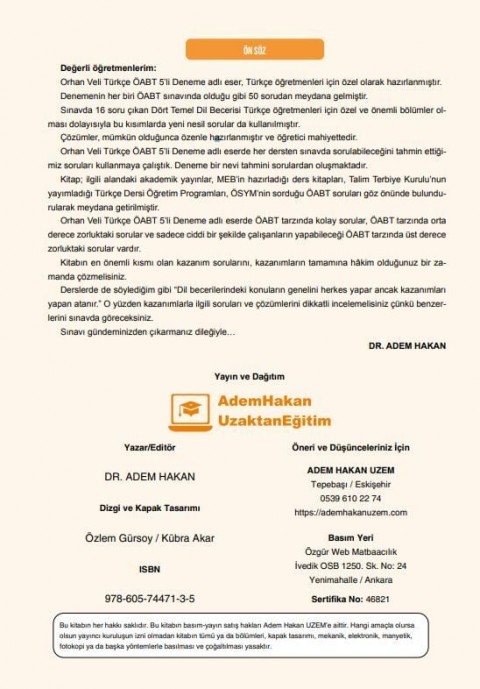 Adem Hakan Uzem 2025 Meb Ags ÖABT Orhan Veli Türkçe Öğretmenliği Dijital Çözümlü 5 Deneme