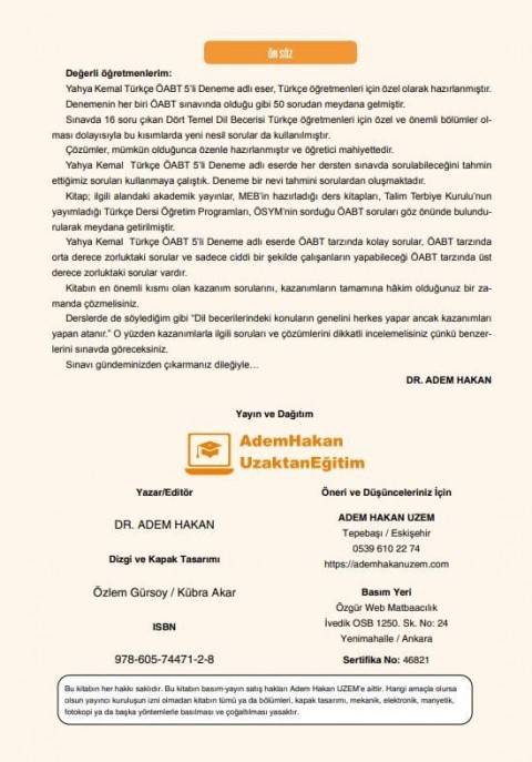 Adem Hakan Uzem 2025 Meb Ags ÖABT Yahya Kemal Türkçe Öğretmenliği Dijital Çözümlü 5 Deneme﻿